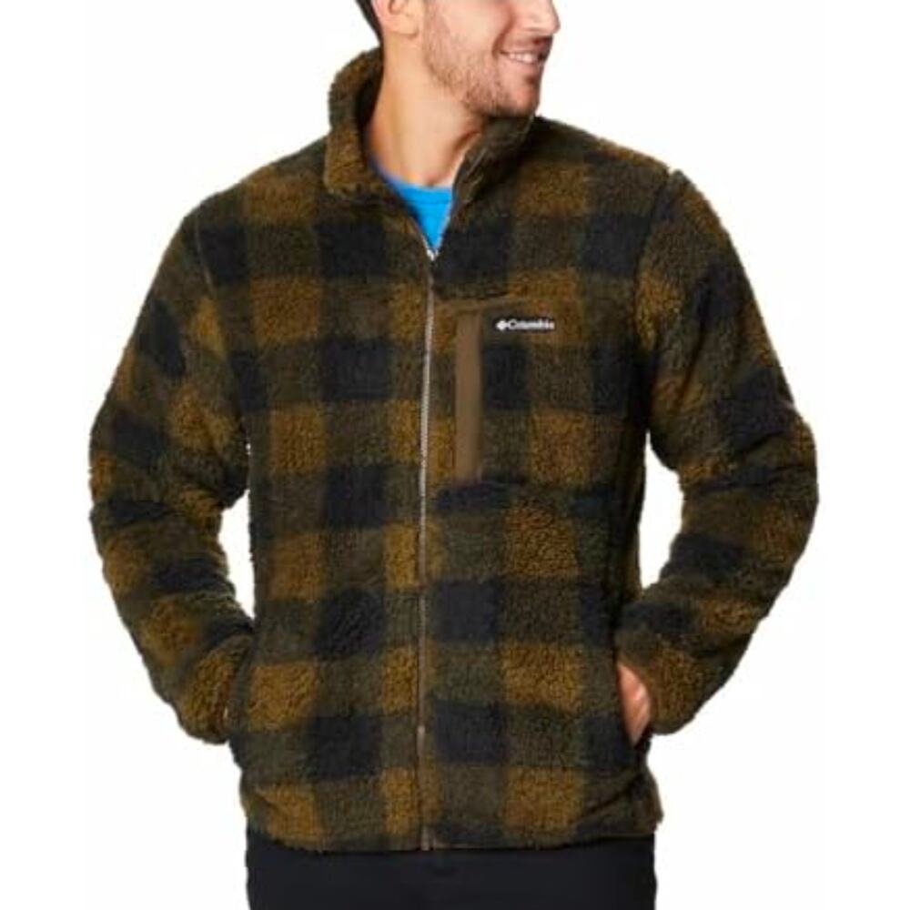Columbia Winter Pass Print Fleece Sherpa Full Zip Olive Green Check Size XXL